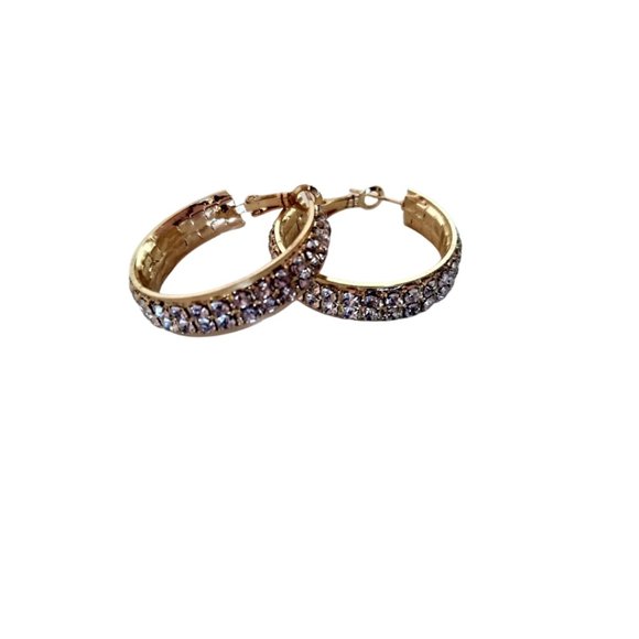 ROUND HOOP Women's FAUX DIAMOND EARRINGS New Chrystal GOLD Metal - Picture 1 of 5